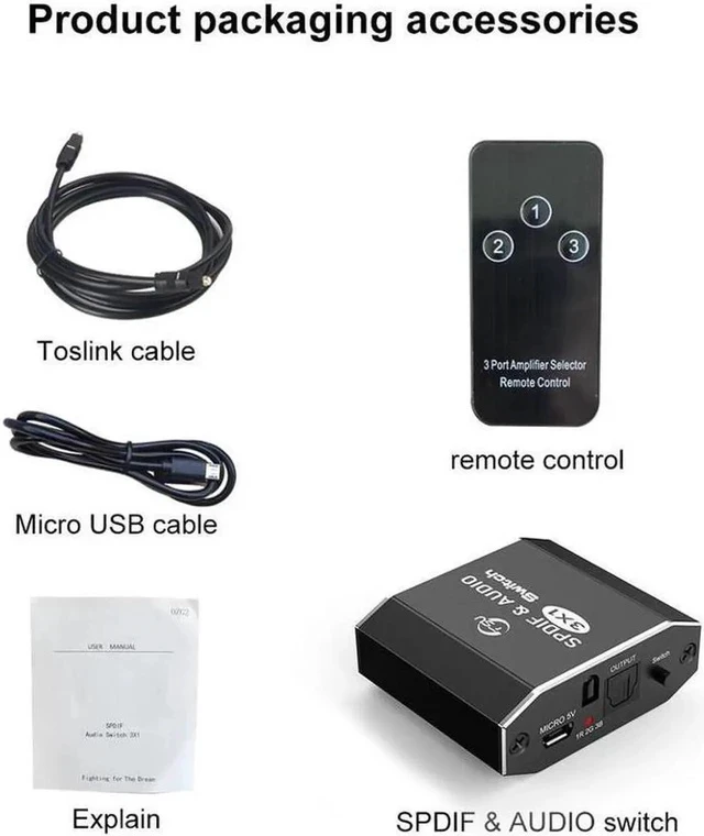 Alt view image 3 of 7 - 3x1 Digital Optical Audio Switcher SPDIF Toslink Optical Fiber Audio Switch 3 in 1 Out Toslink Switcher with IR Remote/Optical Cable Support LPCM2.0/DTS / Dolby Digital for PS3 DVD HDTV