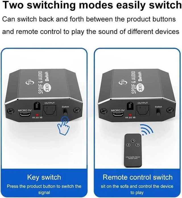 Alt view image 6 of 7 - 3x1 Digital Optical Audio Switcher SPDIF Toslink Optical Fiber Audio Switch 3 in 1 Out Toslink Switcher with IR Remote/Optical Cable Support LPCM2.0/DTS / Dolby Digital for PS3 DVD HDTV
