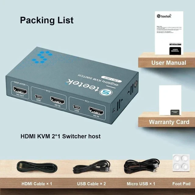 Alt view image 6 of 6 - USB 2.0 KVM Switch 2 Port Box, UHD 4K@60Hz, USB HDMI KVM Switch for 2 Computers Share Keyboard Mouse Printer and 1 HD Monitor, 4 USB 2.0 Hub, Button Switch, with 2 USB and 1 HDMI Cables