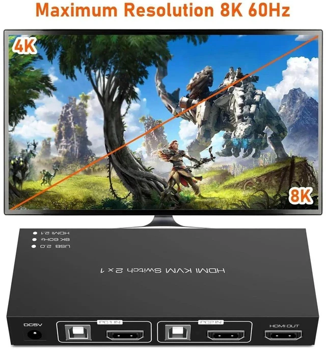 Alt view image 2 of 6 - 8K HDMI KVM Switch, HDMI 2 in 1 Out KVM Switch Box Keyboard Mouse Printer Switcher Include 2 USB Type-B Cable Support 8K@60Hz, EDID/HDCP 2.2 3D for Laptop PS4 HDTV Monitor, Black