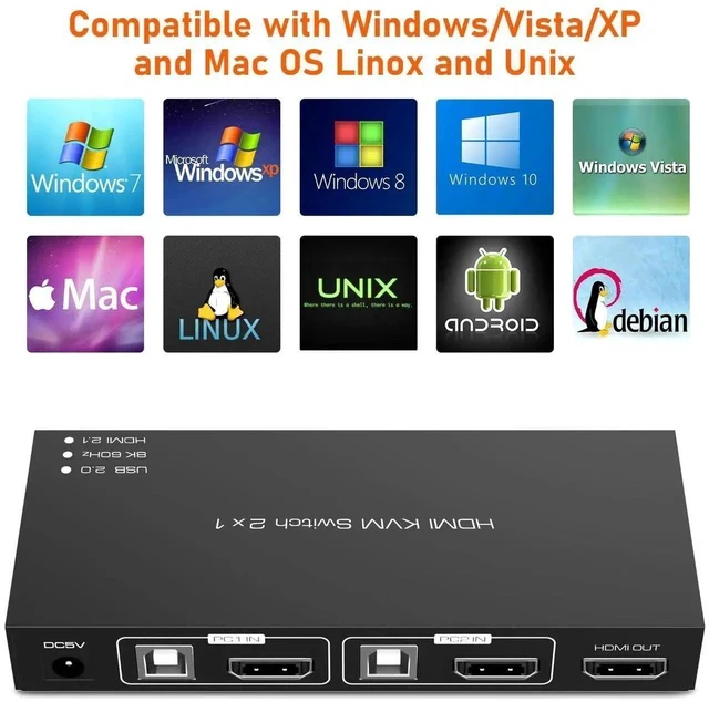 Alt view image 6 of 6 - 8K HDMI KVM Switch, HDMI 2 in 1 Out KVM Switch Box Keyboard Mouse Printer Switcher Include 2 USB Type-B Cable Support 8K@60Hz, EDID/HDCP 2.2 3D for Laptop PS4 HDTV Monitor, Black