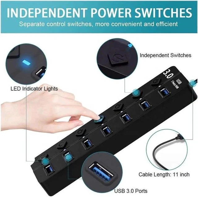 Alt view image 6 of 7 - Powered USB Hub, 7 Port USB 3.0 Data Hub Splitter with 5V DC Power Adapter and Independent On/Off Switch USB Port Hub Expander for MacBook Laptop PC and More(Black)