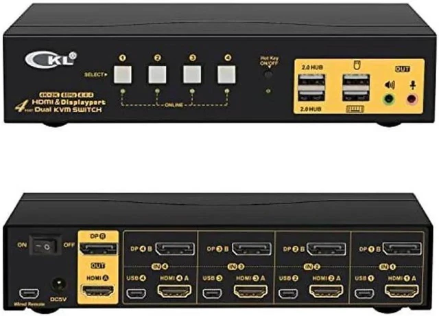 Alt view image 4 of 5 - 4 Port Dual Monitor KVM Switch HDMI + DisplayPort 4K 60Hz YUV 4:4:4, Keyboard Video Mouse Switcher for 4 Computers 2 Monitors with Audio and USB 2.0 HUB