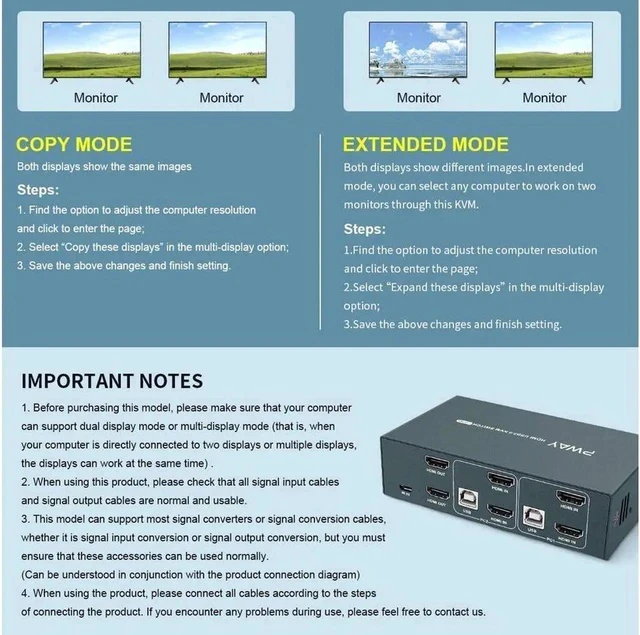 Alt view image 5 of 6 - KVM Switch HDMI Dual Monitor Extended Display 2 Port 2 USB 2.0 Hub UHD 4K@30Hz YUV4:4:4 Downward Compatible Hotkey Switch with All Needed Cables No Adapter Required