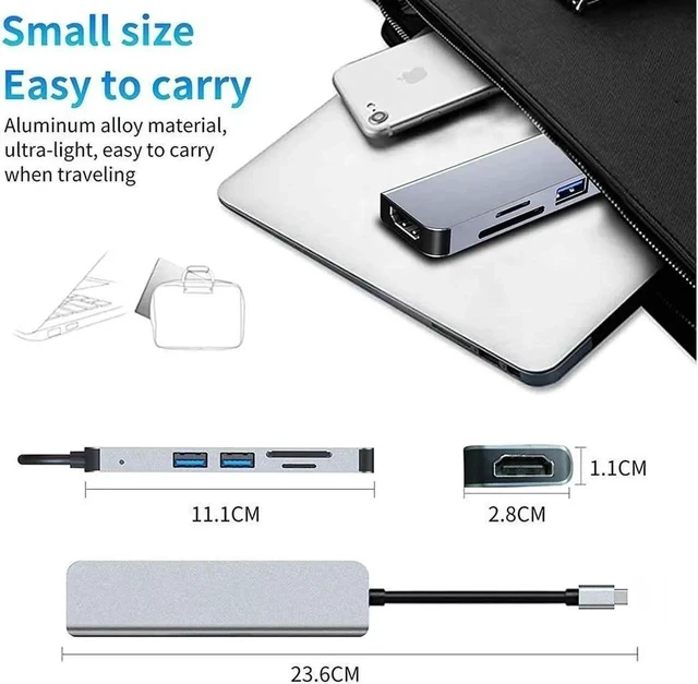 Alt view image 5 of 7 - USB Hub, 6 in 1 Docking Station Multiport Adapter Expand 4K Display,2×USB 3.0 Port,1×Multi-Function USB C 3.1 Port Support 60W PD Charging,SD/TF Card Reader for MacBook Pro iPad Pro XPS