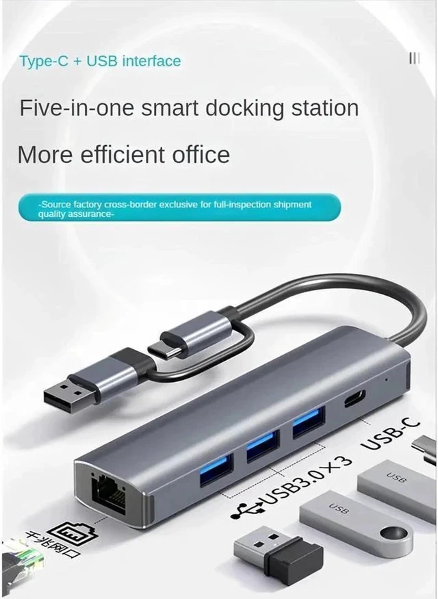 Alt view image 2 of 7 - 2-in-1 USB-C USB 3.0 to Ethernet Hub Adapter Portable 5 in 1 Multiport Hub with 1 Gigabit RJ45 Ethernet Port 1xUSB C Ports and 3xUSB 3.0 Ports for MacBook Pro/Air 2022/2021, iMac, iPad