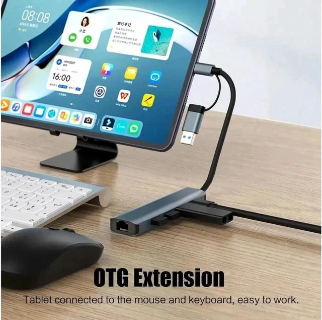 Alt view image 6 of 7 - 2-in-1 USB-C USB 3.0 to Ethernet Hub Adapter Portable 5 in 1 Multiport Hub with 1 Gigabit RJ45 Ethernet Port 1xUSB C Ports and 3xUSB 3.0 Ports for MacBook Pro/Air 2022/2021, iMac, iPad
