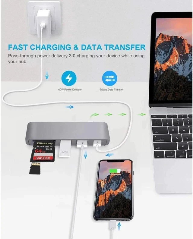Alt view image 5 of 7 - USB C Hub Adapter. 5 in 1 Type-C Adapter with Aluminum Shell, SD + Micro SD Card Reader + 2 USB 3.0Port + USB-C Power Delivery Port for MacBook Chromebook Pixel Surface Pro -Silver