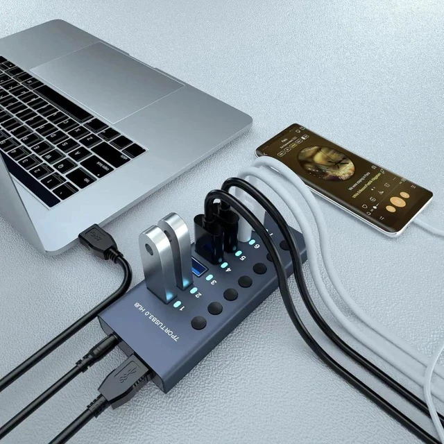 Alt view image 4 of 7 - Powered USB Hub 3.0, Aluminum 7 Port USB 3.0 Data Hub Splitter with 12V/3A 36W Power Adapter and Individual On/Off Switches for Mouse, Keyboard, Hard Drive or More USB Devices