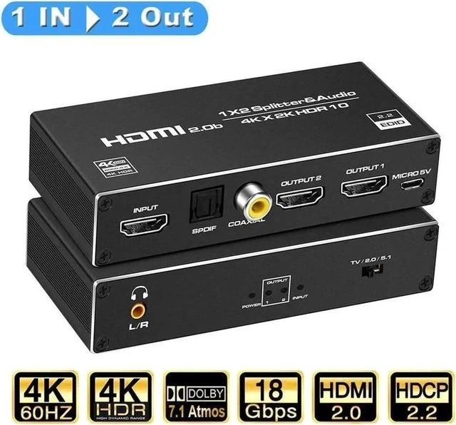 Main image of 4K@60Hz HDMI Splitter with Audio Extractor 1x2 8:8:8,18 Gbps,Supports HDMI2.0b,HDCP 2.2,Duplicate/Mirror/Copy,HDR,Dolby Vision Atmos,4K HDMI Splitter 1 in 2 Out for HDTV, Xbox, PS5/4/3