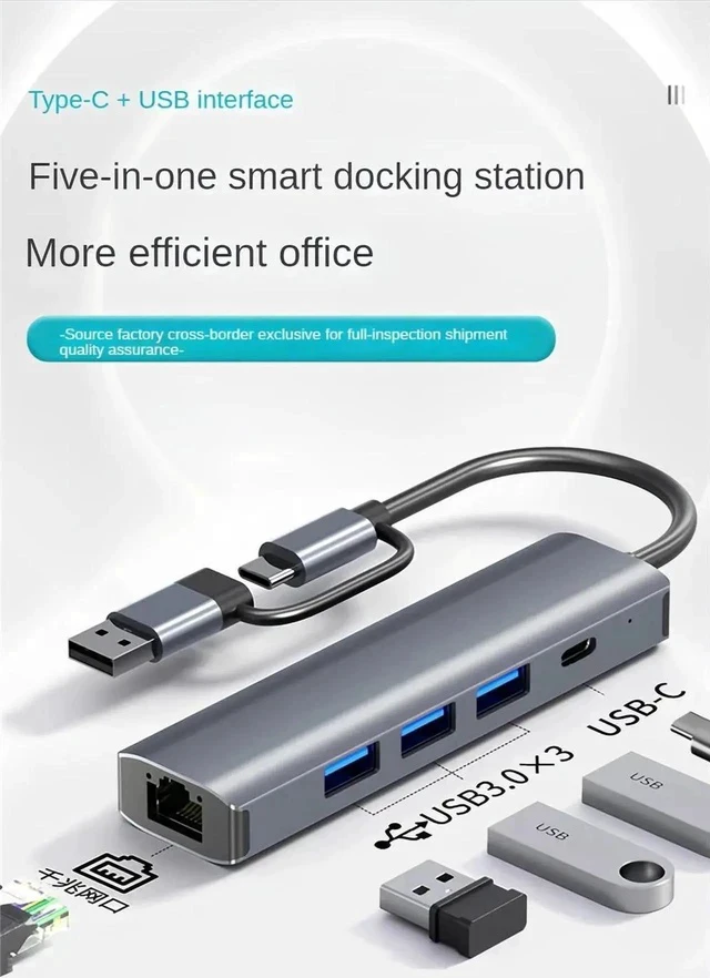Alt view image 7 of 7 - USB-A USB-C to Ethernet Adapter, 5-in-2 Portable Data Hub USB Splitter USB 3.0 Expander with RJ45 Gigabit Ethernet LAN Network Adapter Support Windows 7/8/10/11,Mac OS, Surface Pro