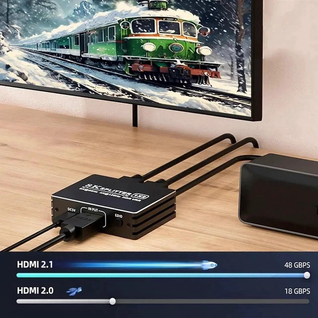 Alt view image 3 of 7 - 8K HDMI 2.1 Splitter 1 in 2 Out, 1x2 HDMI Splitter Support 8K@60hz, 4K@120hz, EDID, 48Gbps, 3D, HDR 10+, HDCP2.3, Dolby Vision, 3.5mm Audio Output, Mirror Dual Monitors for PS5 SkyQ Xbox NS