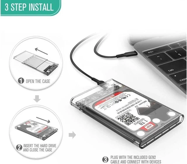 Alt view image 6 of 7 - 2.5" External Hard Drive Enclosure, SATA III to USB Type-C for HDD/SSD - Tool Free Installation, Transparent Design, Supports UASP and up to 2TB - Clear
