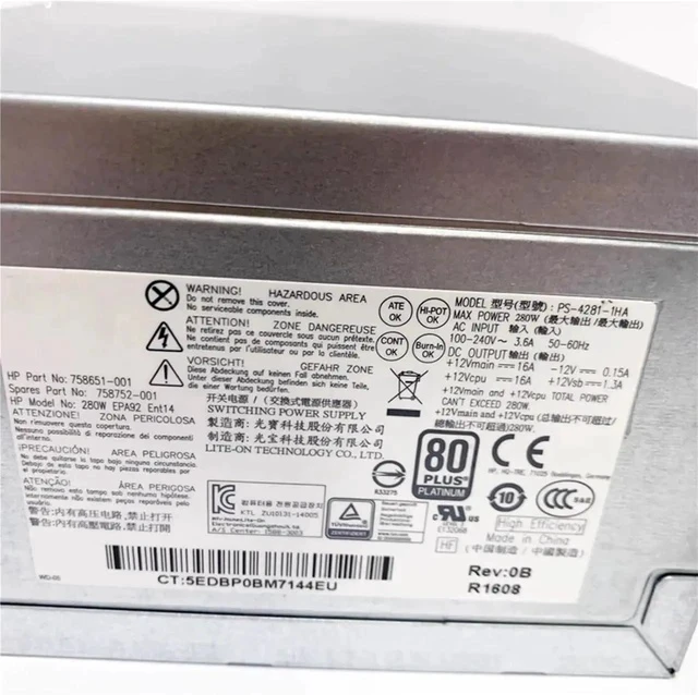 Alt view image 4 of 4 - 280W for ProDesk 600 680 800 880 G2 TWR Switching Power Supply PS-4281-1HA D14-280P1A PCE015 758752-001 758652-001