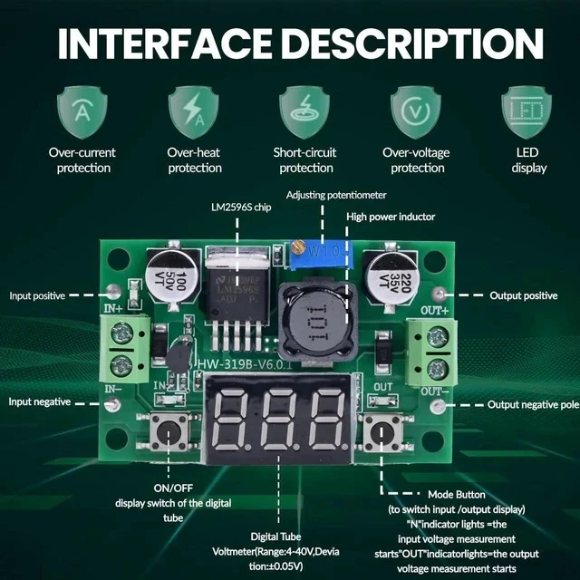 Alt view image 6 of 7 - 3PCS LM2596 DC-DC Buck Power Converter Module, Adjustable Voltage Regulator 4-40V to 1.25-37V Buck Converter with LED Voltmeter Display