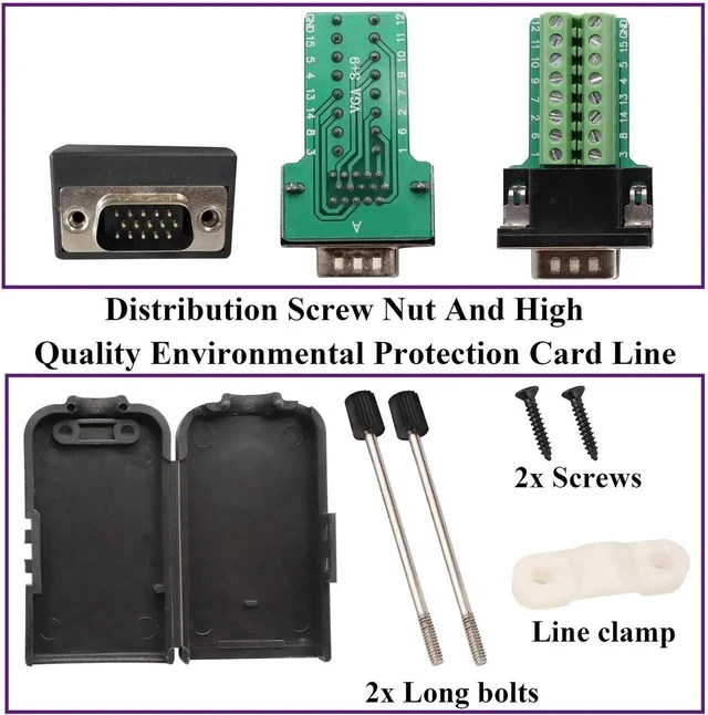 Alt view image 3 of 7 - VGA Screw Terminal Block Adapter D-SUB 15 Pin 3 Row DB15 VGA Male to 16 Pin/Way Female Serial Terminal Breakout Board Connector Signal Module with case (2Pcak/Male)