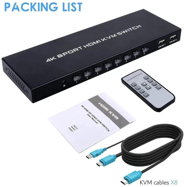 Alt view image 3 of 5 - 8 Port KVM Switch HDMI, 4K@30Hz 8 in 1 Out HDMI KVM Switch for 8 PC Sharing 1 HD Monitor and 4 USB Devices with IR Remote & 8 HDMI Cables