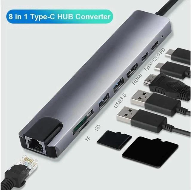 Main image of USB C Hub 8-in-1 USB C Adapter with RJ45 Ethernet Port, 4K USB C to HDMI, PD Power Delivery,2X USB 3.0 Ports, Type-C Port, SD/TF Card Reader for MacBook/Pro/Air and Type C Windows