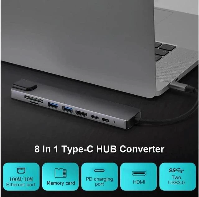 Alt view image 3 of 6 - USB C Hub 8-in-1 USB C Adapter with RJ45 Ethernet Port, 4K USB C to HDMI, PD Power Delivery,2X USB 3.0 Ports, Type-C Port, SD/TF Card Reader for MacBook/Pro/Air and Type C Windows