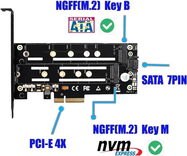 Alt view image 5 of 6 - M.2 SSD NVMe M Key + SATA B Key M.2 NGFF PCIE to M2 Adapter Riser PCI Express 3.0 Controller with Low Profile Bracket Heatsink