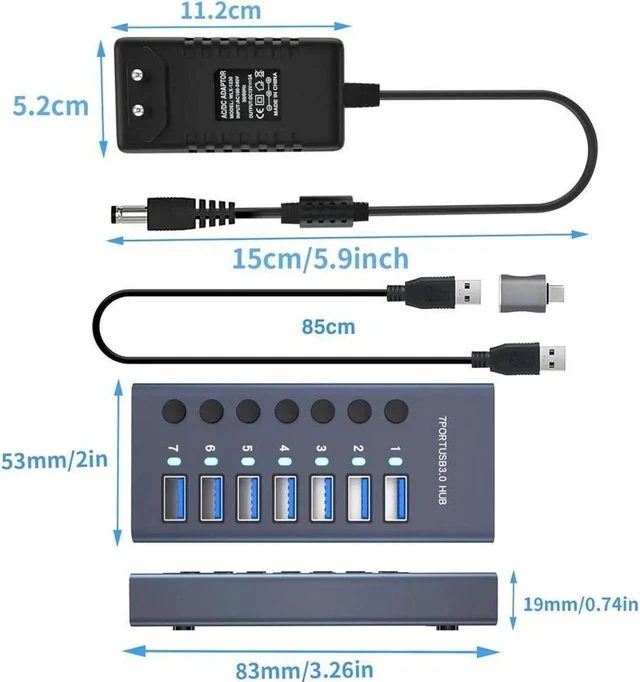 Alt view image 7 of 7 - 7-Port Powered USB 3.0 Hub 36W with 7 USB 3.0 Data Ports, Aluminum USB Splitter for Laptop/PC, work for Mouse, Keyboard, Hard Drive or More USB Devices