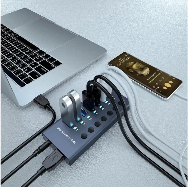 Alt view image 6 of 7 - 7-Port Powered USB 3.0 Hub 36W with 7 USB 3.0 Data Ports, Aluminum USB Splitter for Laptop/PC, work for Mouse, Keyboard, Hard Drive or More USB Devices