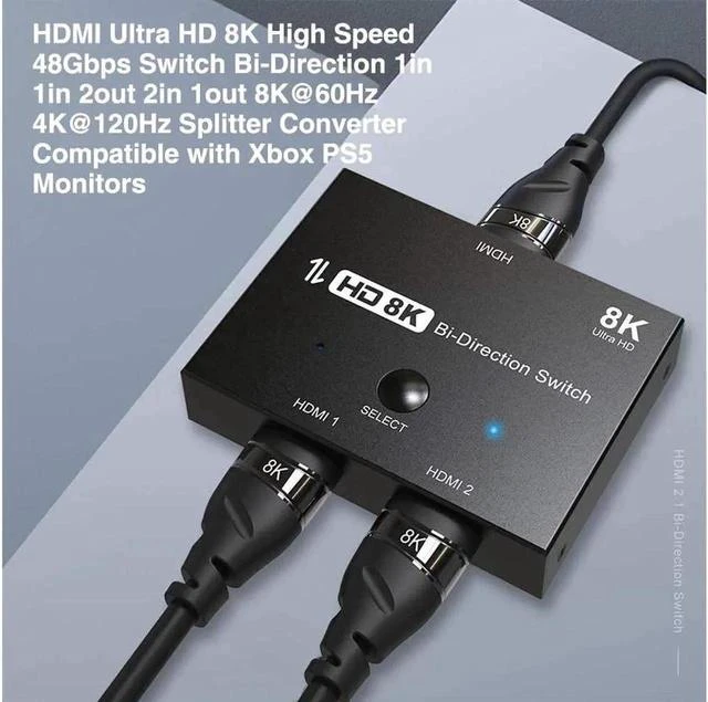 Main image of Ultra HD 8K Switcher Bi-Direction, HDMI 2.1 Switcher 2 in 1 out/1 in 2 out 8K@60Hz 4K@120Hz Ultra HD KVM Switcher 2x1 1x2 Adapter for PS4/5 TV Box HDTV Xbox Projector
