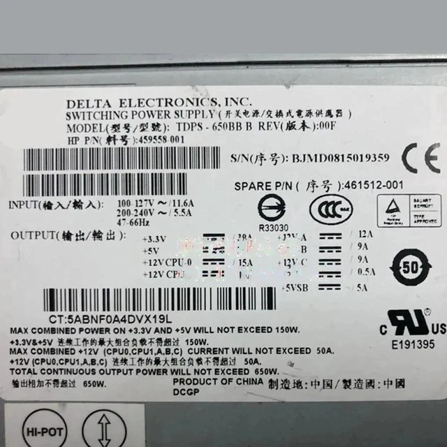 Alt view image 3 of 3 - for H-P ML150 G5 Server Power Supply TDPS-650BB B 459558-001 461512-001 650W