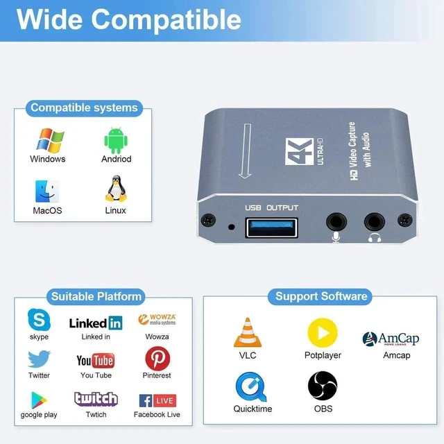 Alt view image 2 of 7 - 4K Capture Card for Live Streaming, 1080P 60FPS Game Capture Card with USB & Microphone HDMI Loop-Out, Capture Card for Recording Compatible with Nintendo Switch, PS4/5, PC, Xbox One