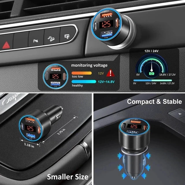 Alt view image 4 of 7 - 3 Pack USB C Car Charger, 4-Port 65W Dual 12V USB-A & USBC Cigarette Lighter Adapter Plug with Voltmeter PD/QC 3.0 Fast Charging Car Phone Charger for iPhone 16e 15 14 13 12 11 Pro Max, Android