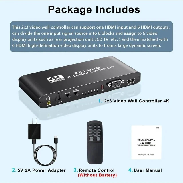 Alt view image 5 of 7 - 4K HDMI Video Wall Controller 2x3, Video Wall Processor with Audio Out and RS232, 180° Rotation Only for 2x2 Mode, Supports 14 Splicing Modes Including 2x2, 2x3, 3x2, 1x6