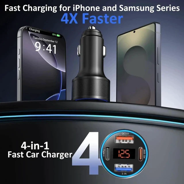 Alt view image 7 of 7 - 3 Pack USB C Car Charger, 4-Port 65W Dual 12V USB-A & USBC Cigarette Lighter Adapter Plug with Voltmeter PD/QC 3.0 Fast Charging Car Phone Charger for iPhone 16e 15 14 13 12 11 Pro Max, Android