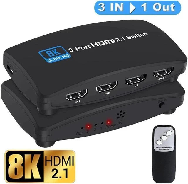 Alt view image 4 of 7 - 3-Port 8K HDMI Switch, HDMI 2.1 Switcher 4K 120Hz HDR10, 8K 60Hz UHD, HDMI Switch 3 in 1 Out, Power Adapter and Remote Included (OZ8Q3)