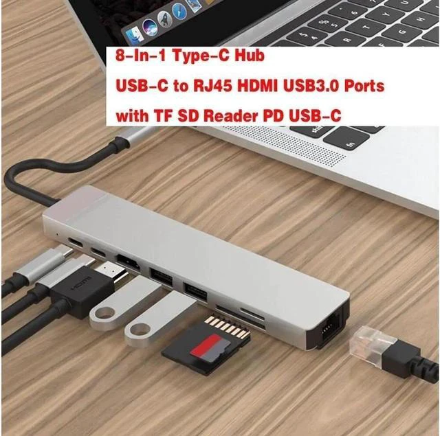 Main image of USB C Hub, 8-in-1 Type C Adapter Mini Docking Station with 4K 30Hz HDMI, 100M Ethernet, 2 USB 3.0, SD/TF Card Reader, 87W Power Delivery, Type-C Port for MacBook Pro and More