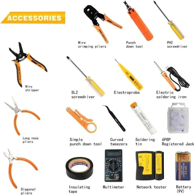 Alt view image 3 of 3 - Computer Tool Kits - Professional 17 in 1 Network Cable Maintenance Tools - RJ45/RJ11/8P8C Connectors, LAN/Cat5e/Cat6 Cable Tester, Soldering Iron, Ethernet Stripping/Crimp Pliers Tool kit