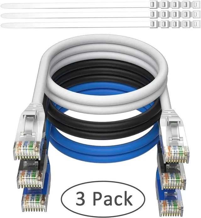 Alt view image 2 of 6 - Cat 6 Ethernet Cable 2 Ft-3 Pack,High Speed Short Patch Cables Internet Cables, Soft Flexible Cat6 RJ45 LAN Network Cable Cord Faster Than Cat 5e 5 Cable+15 Ties-Black+White+Blue