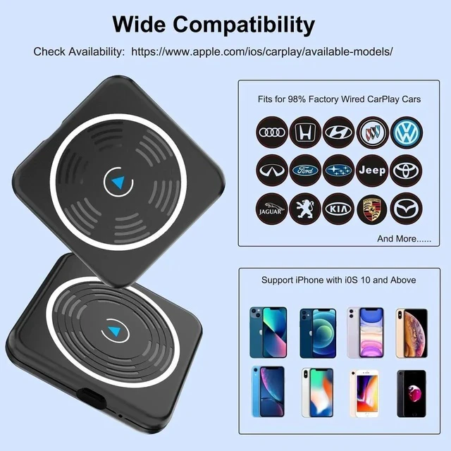 Alt view image 2 of 7 - CarPlay Wireless Adapter, Wireless CarPlay Adapter for iPhone Converts Wired to Wireless CarPlay Dongle, Plug & Play Fit for Factory OEM Wired Apple CarPlay Cars from 2016 & iPhone iOS 10+