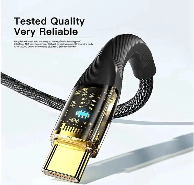 Alt view image 2 of 6 - 100W USB C to USB C Cable Transparent Shell 5A PD QC 4.0 Type C to Type C Cable Super Fast Charging USB C Cable(3.3ft, Black, 1 Pack)