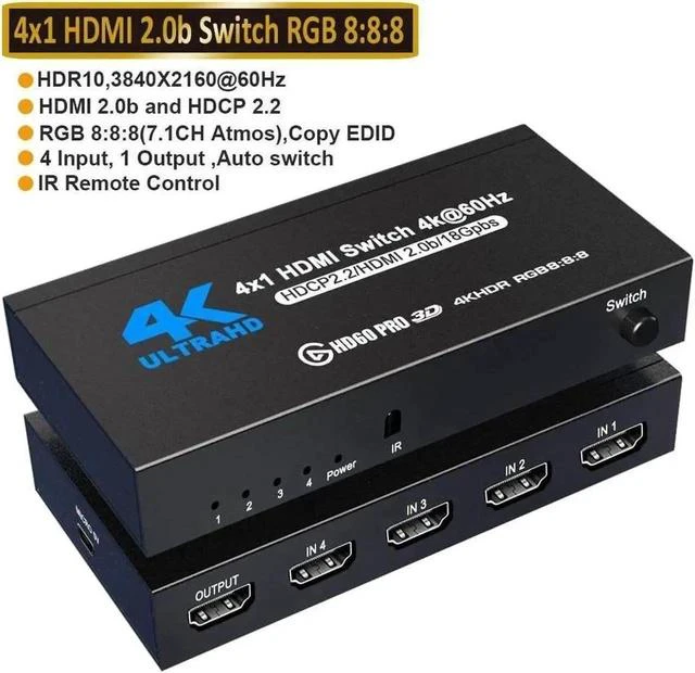 Main image of HDMI Switch 4 in 1 Out 4K 60Hz UHD HDMI Switcher Splitter with Remote Metal HDMI Switch Box Hub Support 4K 60Hz 3D 1080P HDCP2.2 for PS5 PS4 Xbox DVD Player Fire Stick Apple TV PC