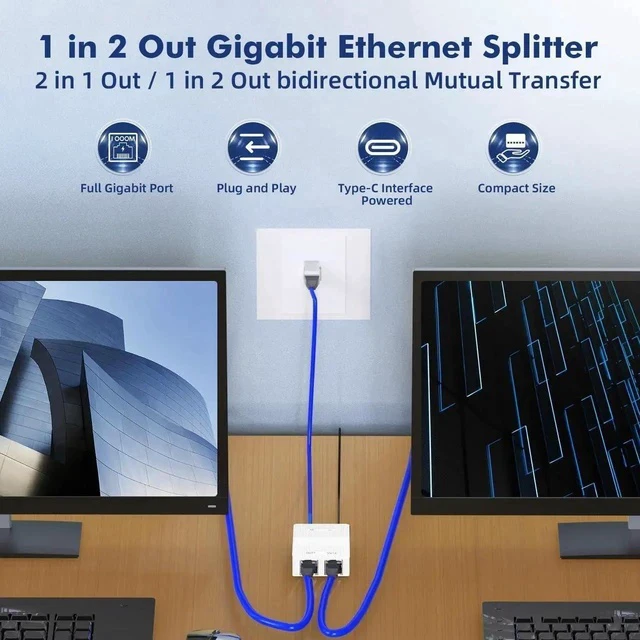 Alt view image 5 of 7 - 1 to 2 Gigabit Network Splitter, 3 Port Gigabit Ethernet Switch, Type-C Power Supply, Mini Size Plug and Play (White)