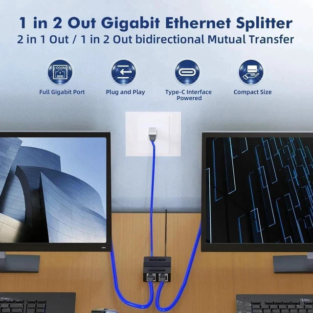 Alt view image 2 of 7 - 1 to 2 Gigabit Network Splitter, 3 Port Gigabit Ethernet Switch, Type-C Power Supply, Mini Size Plug and Play