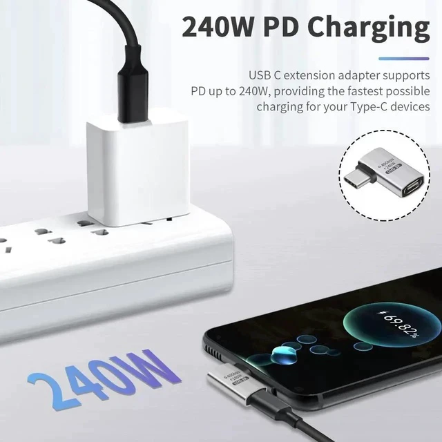 Alt view image 7 of 7 - 240W Right Angle USB-C Adapter, 40Gbps USB C 90 Degree Adapter Male to Female with 8K@60Hz Video Compatible for Thunderbolt 3/4, Switch, MacBookPro/Air, ipad and More Type C Devices (1 Pack)