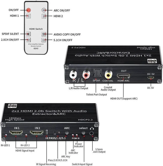 Alt view image 4 of 7 - 4K@ 60Hz HDMI Switch Audio Extractor, 2 in 1 Out HDMI Splitter with R/L 3.5mm Audio Jack + Coaxial + Optical Toslink SPDIF for Support HDMI 2.0 1080P/ 3D/ 4K, OZV2