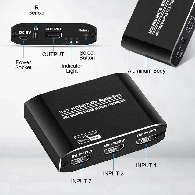 Alt view image 4 of 7 - HDMI 2.0b Switch 3 in 1 Out with High Speed 3.9 FT HDMI Cable, 3x1 HDMI Selector Switch with Remote,Support UHD 4K@60Hz Ultra HD 3D 1080P, HDCP 2.2 HDR,18.5Gbps HDMI Switcher