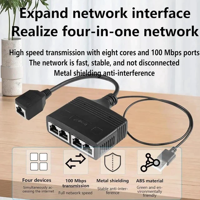 Alt view image 2 of 6 - RJ45 Network Splitter Adapter, Ethernet Cable Splitter, 1 to 4 Internet Splitter 100Mbps High Speed LAN Network Splitter,4 Devices Share The Internet at The Same Time (Black Female 1 to 4)