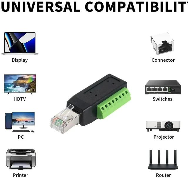 Alt view image 2 of 7 - RJ45 Screw Terminal Breakout Board Adapter, 90 Degree RJ45 Screw Terminal Connector, Network Ethernet Adapter 8P8C Male to 8 Pin AV Extender for CCTV, Cat5, Cat6 (2-Pack)