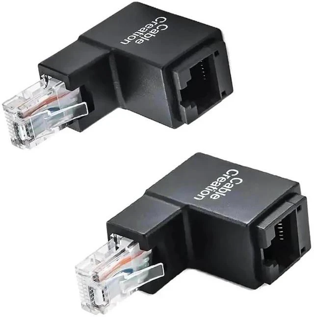 Main image of 2 Pack 90 Degree RJ45 Ethernet Adapter Male to Female, Cat5e Cat6 Right Angle LAN Cable Extender Connector