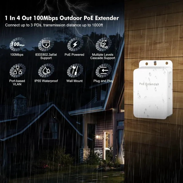Alt view image 3 of 7 - Outdoor PoE Passthrough Switch, 1 PoE in 4 PoE Out Extender, IEEE802.3af/at/bt PoE Powered 90W, 100Mbps Ethernet, Wall Mount Waterproof Plug and Play