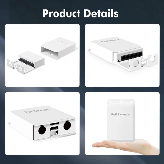 Alt view image 7 of 7 - Outdoor PoE Passthrough Switch, 1 PoE in 4 PoE Out Extender, IEEE802.3af/at/bt PoE Powered 90W, 100Mbps Ethernet, Wall Mount Waterproof Plug and Play