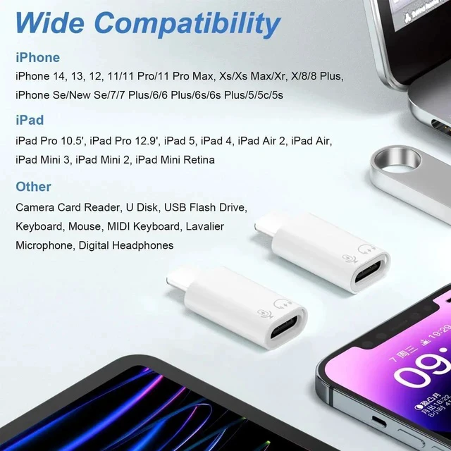 Alt view image 2 of 5 - USB C Female to Lighting Male OTG Adapter for iPhone 14/13/12/11/iPad Support Camera Card Reader Keyboard Mouse USB Flash Drive (White 2 Pack)